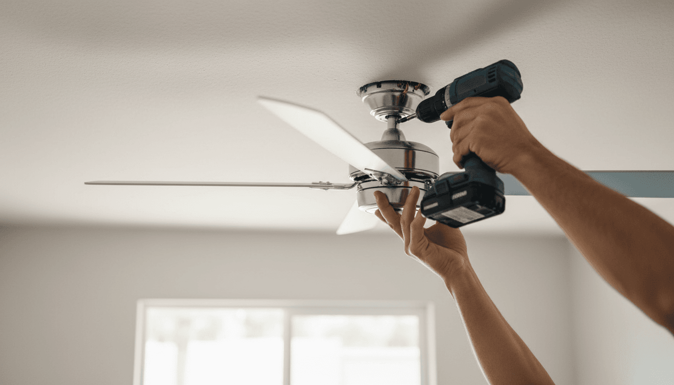 Handyman installing a ceiling fan in a Houston home
