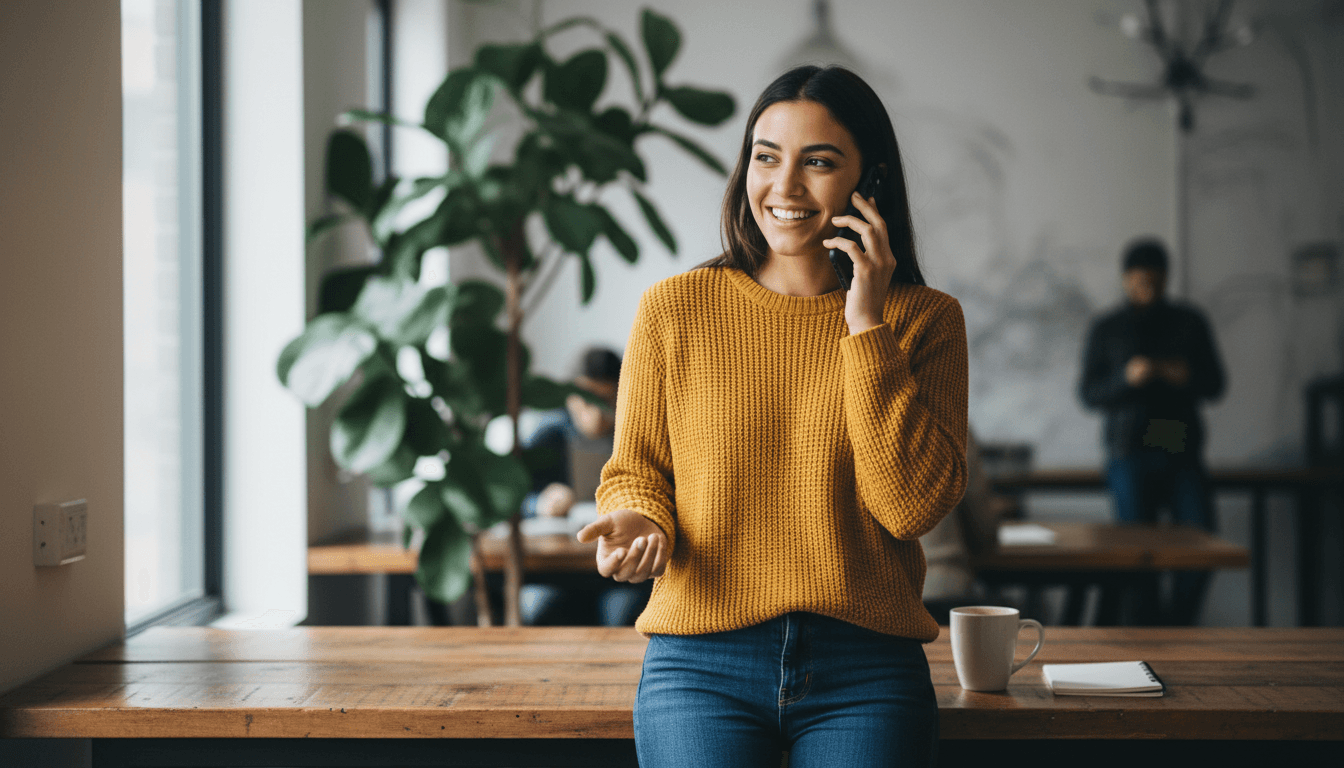 A professional photo of a person on the phone, friendly and approachable, natural lighting