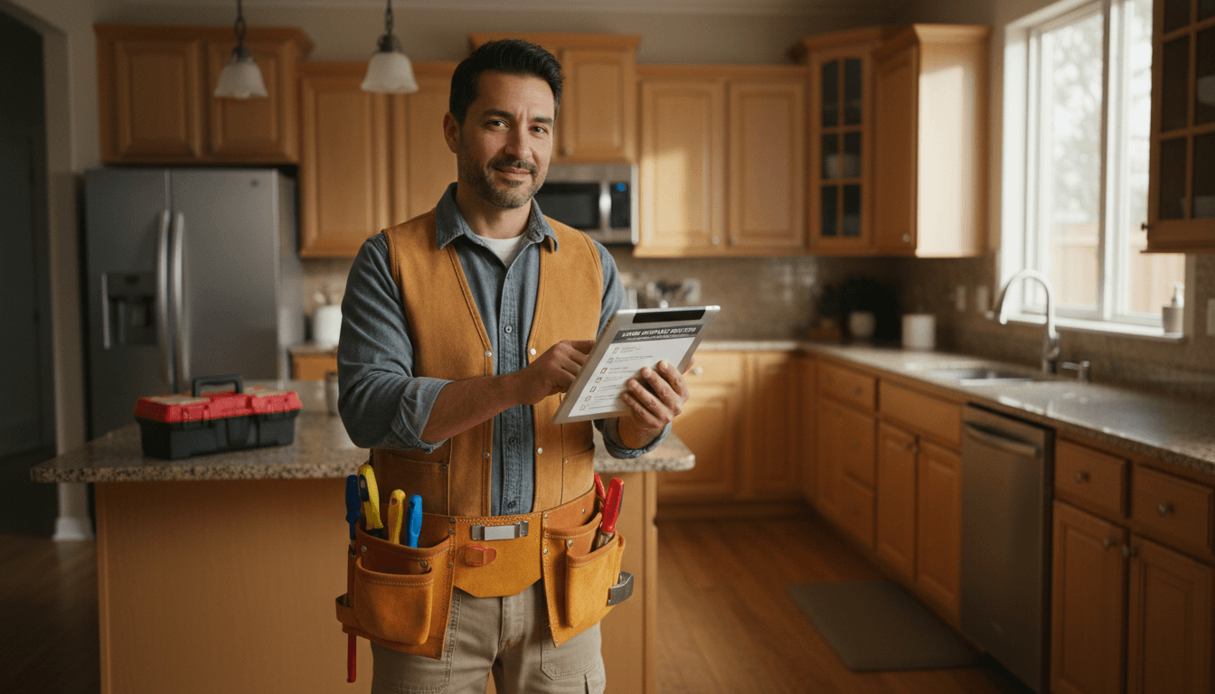 Handyman reviewing home repair checklist in Houston kitchen