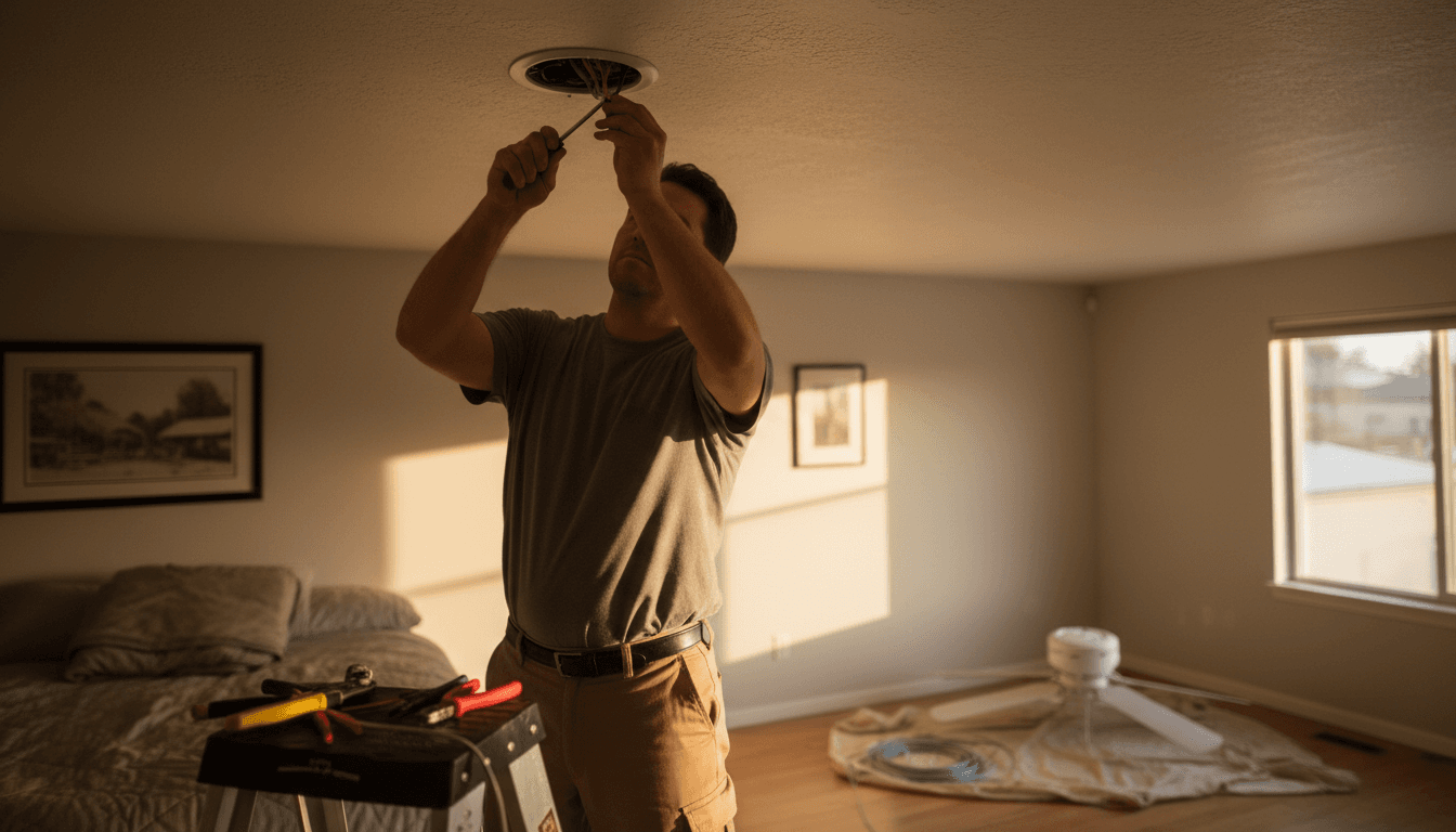 Handyman installing a ceiling fan in a Houston home