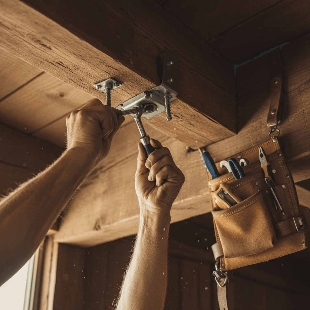 Ceiling fan installation with hands securing bracket